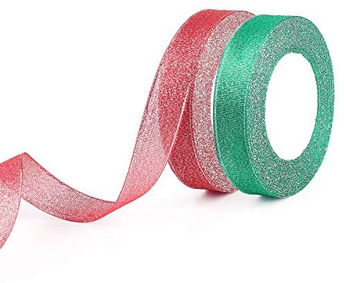 FEPITO 2 Pack 20mm Wide Red Green Christmas Wrapping Ribbon for Gift Wrapping, Glitter Organza Xmas Tree Decoration, Crafts (Red & Green)
