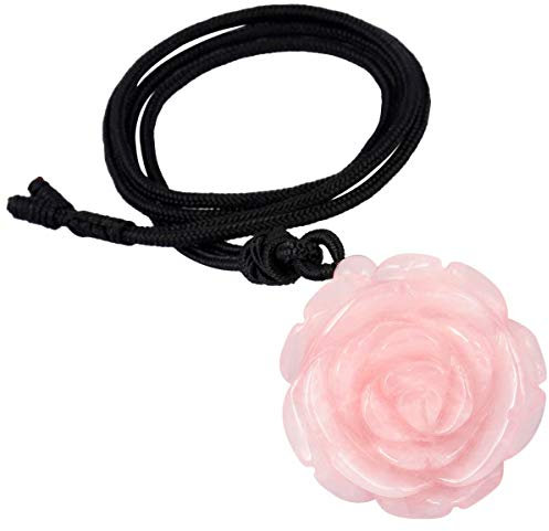 KYEYGWO Gravé Fleur Rose Collier en Pierre pour Femmes, Protection Pendentif avec Cord Réglable en Nylon, Quartz Rose