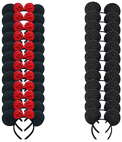 Winvin Set of 24 Mickey Minnie Mouse Costume Deluxe Fabric Ears Headband Red Bow Boys Girls Birthday Party Hairs Accessories Baby Shower Headwear Halloween Favors Decorations (Sequin Black and Red )
