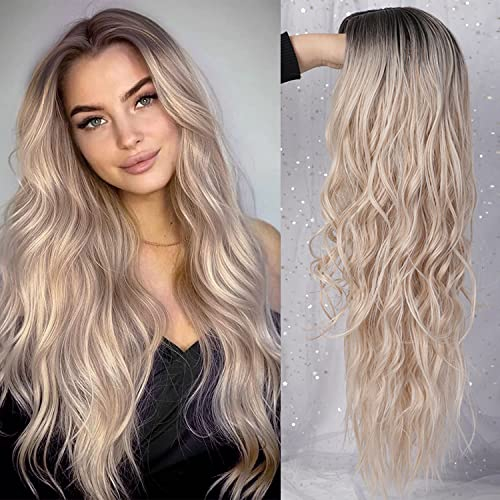 Perücke Blond für Damen Lang locken gewellte Kunsthaarperücke für Frauen Mädchen Mittelteil Mode Super Natürlich Wig VD066