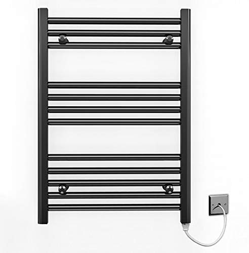 Myhomeware 600mm Wide Black Flat Electric Pre-Filled Heated Towel Rail Radiator For Bathroom Designer UK (Alyssa 600 / 700mm Electric Black)