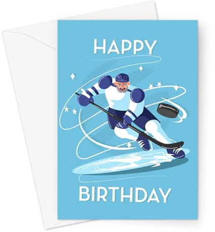 Happy Birthday Ice Hockey Greeting Card | Hockey Player On Ice Chasing Puck Happy Birthday Card, Hobby Birthday Card For Ice Hockey Player