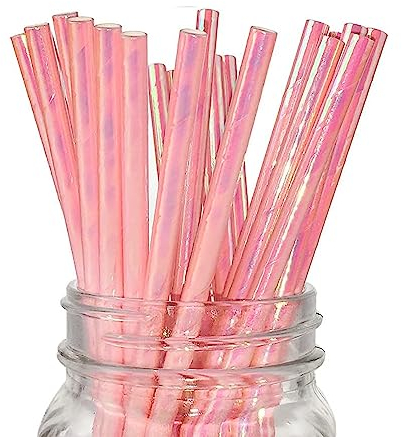 Lot de 100 Pailles en Papier Irisé Rose Corail Nacré pour Décoration de Fête, Mason Jar, Anniversaire, Mariage