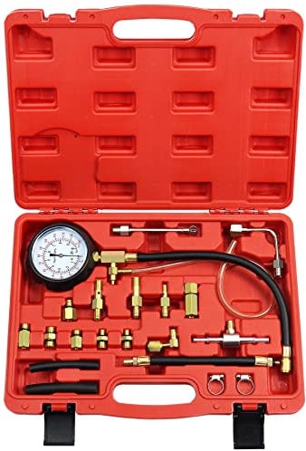 JoyFans Fuel Pressure Test Kit, TU-114 Fuel Injector Pump Pressure Tester Automotive Tool with Gauge Adapter for Schrader Test Port Fuel Injection System on Car Motorcycle Red Case