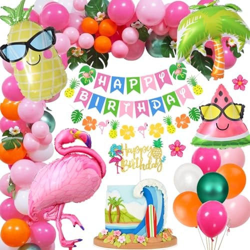 Hawaii Deko Flamingo Ballons, HOUSTAR Tropische Luftballon Girlande Flamingo Tropical Balloon mit Geburtstags Banner, Palmblatt Hawaiian Luftballons für Luau Sommer Tropische Themen Party Dekoration
