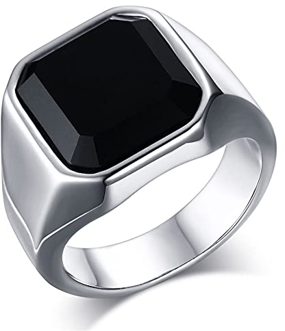 JewelryWe Schmuck Siegelring Herren-Ring Edelstahl Glas Stein Klassiker Viking Ringe Bandring mit Gravur Geschenke für Männer Silber Größe 67