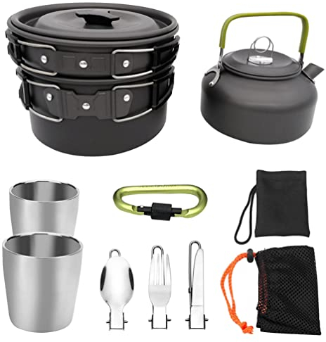 Lvguang Kit de Casseroles Camping avec Sacs Ustensiles de Cuisine en Aluminium Portable Set de Cuisson pour BBQ, Randonnée, Pédestre - Noir, 166x89mm