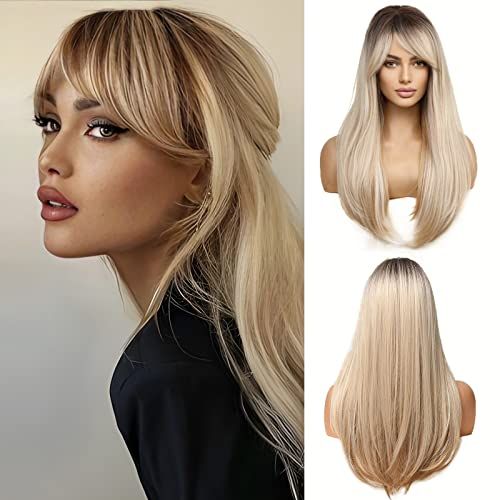 OUFEI Lange Ombre Blonde Perücke mit Pony Seitenscheitel Natürliches Synthetisches Haar Geschichtet Perücken mit Dunklen Wurzeln für Frauen Täglich Party Verwendung