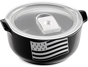 ESPRIT DE CUISINE - Plat À Four Rond En Céramique - Avec Couvercle Hermétique - Décor Drapeau Breton - Émail Résistant Aux Rayures - Made In France - 0,8L - 17,3x15,2x7,6cm Extérieur - Noir