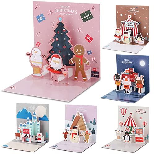 Jrisbo 6 Stück 3D Weihnachtskarten mit Umschlag Set, Weihnachtskarte mit unterschiedlichen Pop Up Motiven, Klappkarten Weihnachten Postkarten Karten 3D Grußkarte für Freunde Familie
