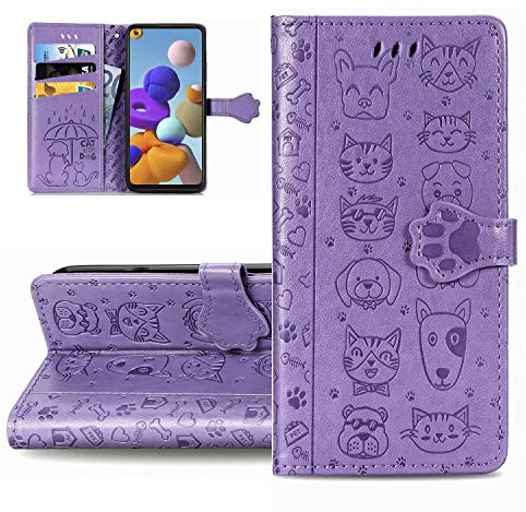 LEMAXELERS Phone Case for iPhone 13 Mini Cute Embossed PU Leather Flip Notebook Wallet Magnetic Stand Card Slot Case for iPhone 13 mini, Purple Cat Dog SD