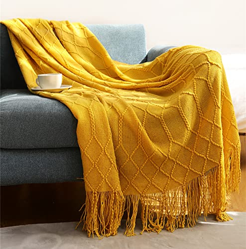 Hayisugal Sofadecke Boho Decke Strick Decke Tagesdecke Wohndecke Gestrickte Decke Wendedecke Kuscheldeck Couchdecke überwurf Decke Reise Decke, Gelb, 130 x 150cm