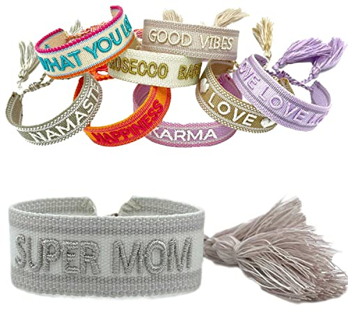 LS-LebenStil Exklusives Statement Armband Quasten besticktes Boho Canvas Webarmband (Super Mom/Silber Grau)