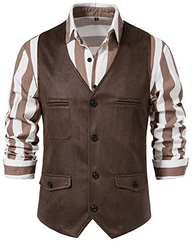 MakingDa Suede Cowboy Waistcoat Men V Neck Slim Fit Smart Casual Classic Vintage Leather Vest Western Costume Single Breasted Fake Pockets Fancy Dress Outfit-Coffee-S