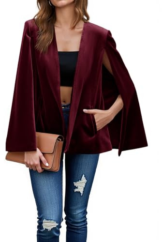 Cicy Bell Damen-Blazer aus Samt, lässig, geteilt, langärmelig, vorne offen | Lässiger Business-Mantel, Schalkragen, gepolsterte Schultern, elegant, formell, Party-Outfit, kragenlos, klassische Passform