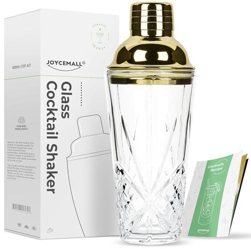 Glass Cocktail Shaker, JOYCEMALL 14.5 Ounce Martini Cut Crystal Bartender Shaker with Stainless Sealing Steel Cap & Strainer - for Home Use & Bar Whisky Cocktail (Gold)
