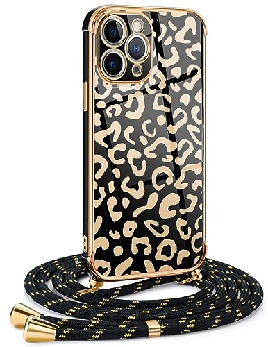 Frauen Mädchen Handykette Kompatibel mit iPhone 11 Pro - Silikon Hülle mit Band - Handyhülle für iPhone 11 Pro Leopard Design Galvanik - Hülle mit Kordel in Gold Leopard