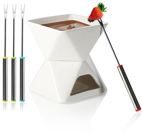 com-four® Schokoladenfondue-Set - Schmelztopf für Schokolade und Käse - Keramikschale mit Teelichthalter und 4 Gabeln - Schmelztiegel - Dessert-Dipschale für 4 Personen - Schmelzgefäß (weiß - eckig)