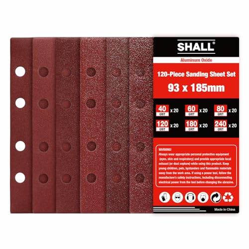 SHALL-120 fogli abrasivi rettangolari, carta vetrata per levigatrice 93x185 mm, 8 fori, tamponi abrasivi con gancio e anello, grane assortite 40/60/80/120/180/240