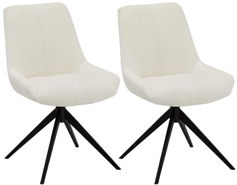 Furnhouse Helena Esszimmerstuhl 2er Set | Bouclé Stoff Cremeweiß 360° Drehstuhl Metallgestell Schwarz – Skandinavisch Gepolstert Mit Rückstellfunktion
