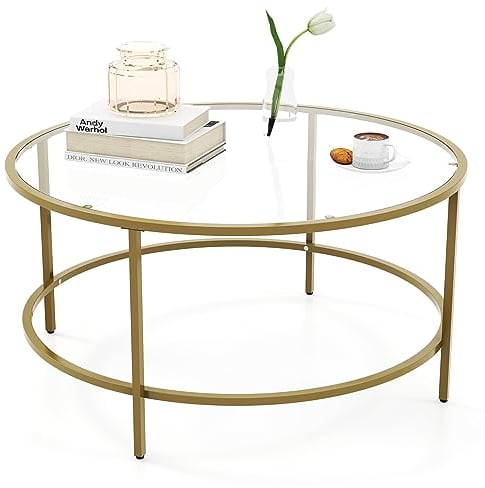COSTWAY 90cm Round Coffee Table, Tempered Glass Cocktail Center Tea Table with Adjustable Foot Pads, Modern Metal Frame Accent Side Table for Living Room, Bedroom and Office (Gold)