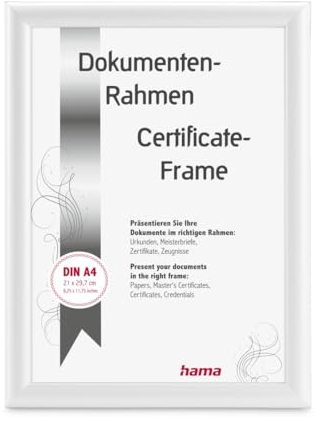 Hama Bilderrahmen Swing, 21x29,7cm (ideal für Urkunden und Dokumente in DIN A4, moderner Kunststoffrahmen, für Hochformat, für Querformat, zum Hinstellen/Hängen, Reflex Glas, Dokumentenrahmen) weiß