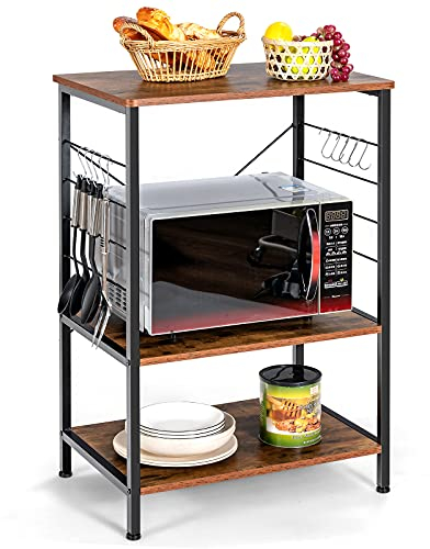 COSTWAY Kitchen Baker’s Rack, 3-Tier Microwave Oven Stand with 10 Hanging Hooks, Open Shelves & Metal Frame, Industrial Utility Storage Shelf Organizer for Dining Living Room