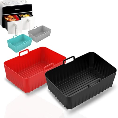 Moldes de Silicona para Freidora de Aire (Pack de 2), Accesorios y Utensilios, Fácil Limpieza, Recipientes y Utensilios Air Fryer, Molde Freidora de Aire, Cocina Sin Desorden (negro-rojo)
