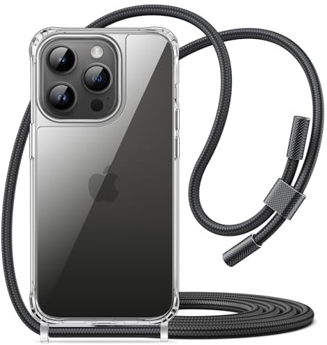 JETech Crossbody Case for iPhone 14 Pro 6.1-Inch with Adjustable Lanyard Strap, Clear Transparent Anti-Yellowing Shockproof Protective Phone Cover with Neck Cord (Space Black)