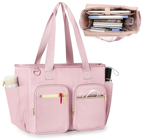 Prokva Lehrertasche mit Laptopfach, Große Lehrer Tragetasche für Frauen, Arbeit und Lehrerbedarf, Rosa (Leere Tasche)