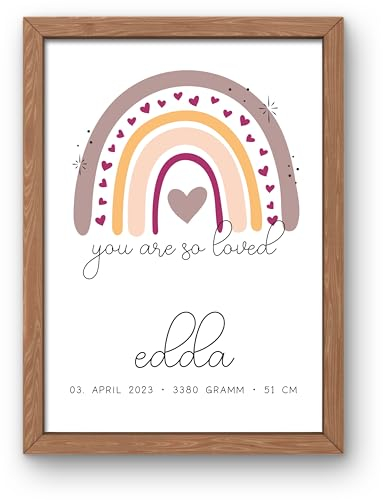 Personalisiertes Poster Geburtsposter in DIN A4 mit Regenbogen, Wunschname, Kinderzimmer Poster Name, Geschenk Baby, Geschenk zur Geburt