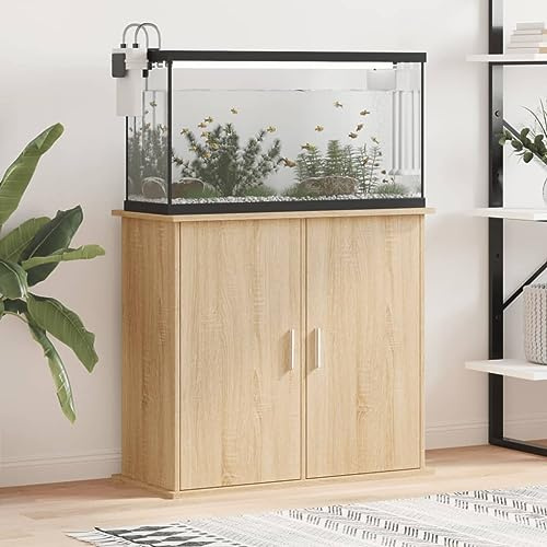 Homgoday Support d'aquarium - Meuble bas pour aquarium - Avec 4 compartiments - Pour un maintien sûr - Chêne Sonoma - 81 x 36 x 73 cm