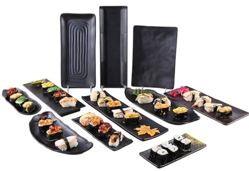 Bafnsiji Ensemble de 11 Assiettes en Ardoise, Assiette à Sushi en mélamine Noire, Assiette à Sushi Japonaise, Assiette d'accompagnement rectangulaire en céramique, Assiettes à Sushi japonaises