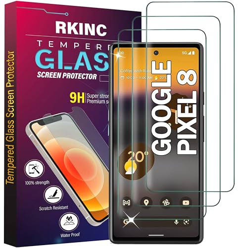 RKINC Protector pantalla [3 Piezas] para Google Pixel 8, Cristal templado película de vidrio, 9H 0.33 mm [Anti-rasguño][Anti-rotura][Sin burbujas][Garantía de por vida]