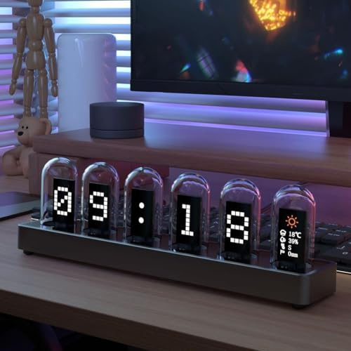 SPORTARC Nixie Röhrenuhr, Aluminiumlegierung, DIY-Digital-Röhrenuhr mit LEDs, Nixie-Uhr, kreative Schreibtisch-Dekoration, Geschenk (C), ca. 218,5 x 30 x 58,7 mm, Schwarz, Grau