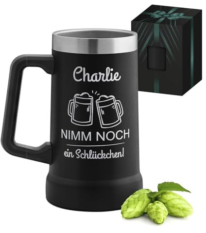 Maverton Isoliertes Bierglas mit Gravur 700 ml Schwarz- Edelstahl personalisierter Bierkrug für Bierfreunde - mit Henkel - Männergeschenke - Bier Geschenke für Männer - Weihnachtsgeschenke