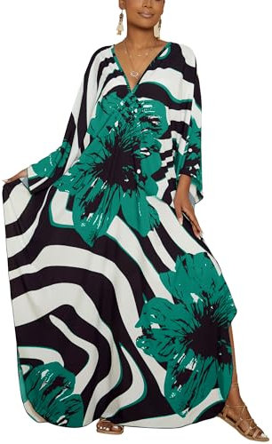 Bsubseach Kaftan Dresses for Women Plus Size Beach Swimsuit Cover Up V Neck Caftan Dress Loungewear Peacock Green Flower