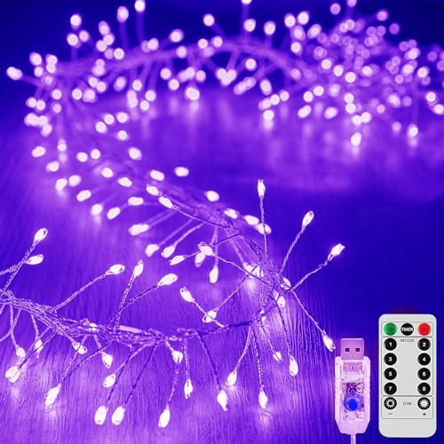 KINGCOO Feuerwerk Lichterkette Außen Innen, 9M 300LED USB Kupferdraht Cluster Lichter mit Timer Fernbedienung 8Modi für Schlafzimmer Hochzeit Party Weihnachten DIY Décor (Lila)