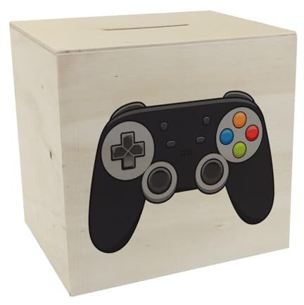 speecheese Spardose aus Holz Schwarzer Videospiel-Controller Gamer bunter | Sparschwein für Enthusiasten mit bunter Tastenanordnung und kreuzförmiger Illustration
