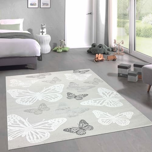 CARPETIA Kinderteppich Schmetterlinge Creme Weiß Hoch-Tief 120x170 cm