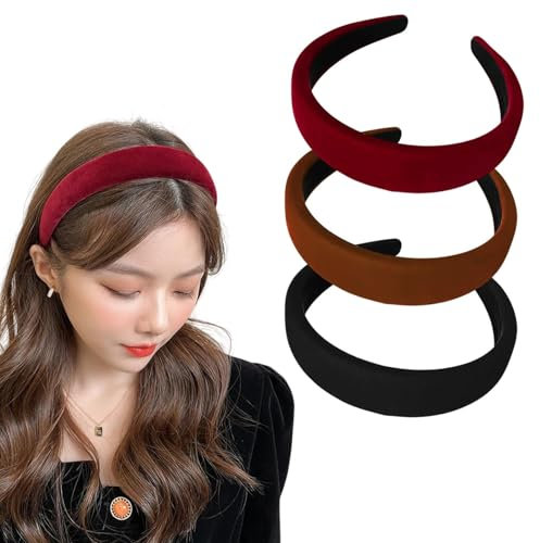 Lot de 3 bandeaux pour femme - Bandeau rembourré en velours - Serre-tête simple pour filles - Style rétro - Pour femmes et filles (noir/bordeaux/marron)