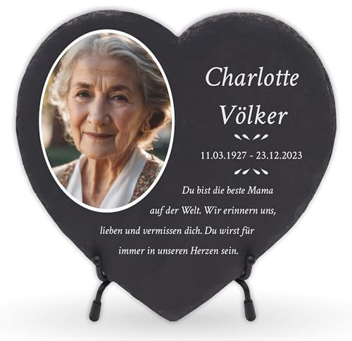 LAUBLUST Personalisierte Grabplatte als Grabschmuck für Menschen mit Wunschtext | Schieferplatte mit Gravur als Grabstein Deko & Grabtafel in Herzform - Erinnerung, 3 Größen | Grabsteine mit Foto