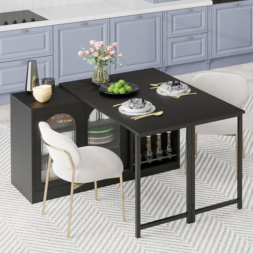 Merax Ausziehbarer Bartisch mit Stauraum, Um 360° drehbarer Stehtisch mit klappbarem Esstisch, mit Glasschiebetüren, Gewürzregale, Stauraum rechts, für Küche Kaffeebar, Schwarz