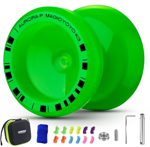 MAGICYOYO K3 Aurora-P Leuchtend Grün, JoJo mit Leerlauf und Kugellager, Profi Jo Jo für Kinder und Erwachsene, Trick Jo-jo mit Responsive & Unresponsive, Magic Yoyo mit 12 Seilen, Zubehörset