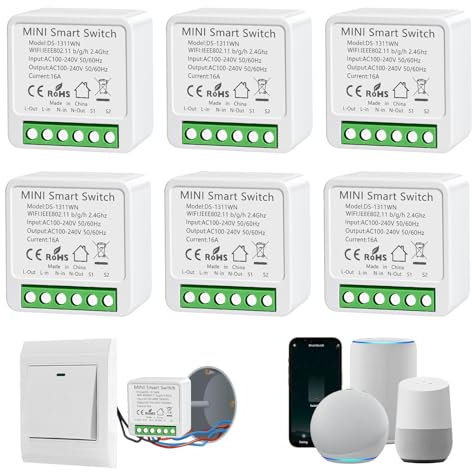 Interruptor WiFi Smart Life, 16A Relé Interruptor Inteligente Wi-Fi & Bluetooth, 2.4g Smart Light Switch Compatible con Asistente de Voz y Tuya, Smart Switch Alexa, Requiere Cable Neutro (6 piezas)