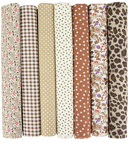7er Set Baumwollstoff 25x25cm – Stoffe zum Nähen, Patchwork Stoffe, Stoffreste – DIY Stoff für Basteln, Quilten, Deko & Puppenkleidung – 100 % Baumwolle, Verschiedene Designs (Braun, 25x25cm)