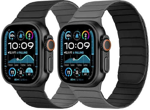 Tasikar Banda Magnética Doble Cara Compatible con Apple Watch 49mm 46mm 45mm 44mm 42mm, Correa Deportiva de Silicona Suave para iWatch Ultra3 2 1 SE serie 11 10 9 8 7 6 5 4 3, Negro-Gris