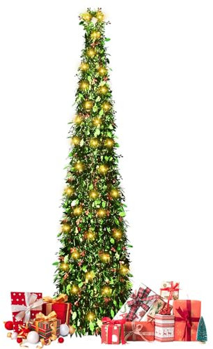 5Ft/ 1.5m Pop Up Tinsel Christmas Tree,Collapsible Artificial Christmas Tree 50 LED Lights,Pop Up Pencil christmas trees,Large Sequins Pencil Xmas tree for Xmas Party Carnival Decorations (green 03)