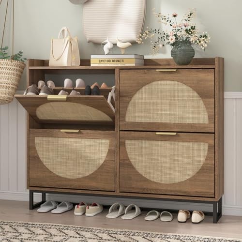 BonVache Rattan Shoe Storage Cabinet with Adjustable Shelves, Storage Unit for Hallway, Wooden Shoe Organiser with 4 Flip Drawers, Entryway and Living Room
