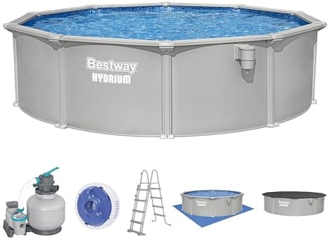 Bestway Hydrium Stahlwandpool Komplett-Set rund 457 x 122 cm Granitgrau Gartenpool Aufstellpool mit Sandfilteranlage